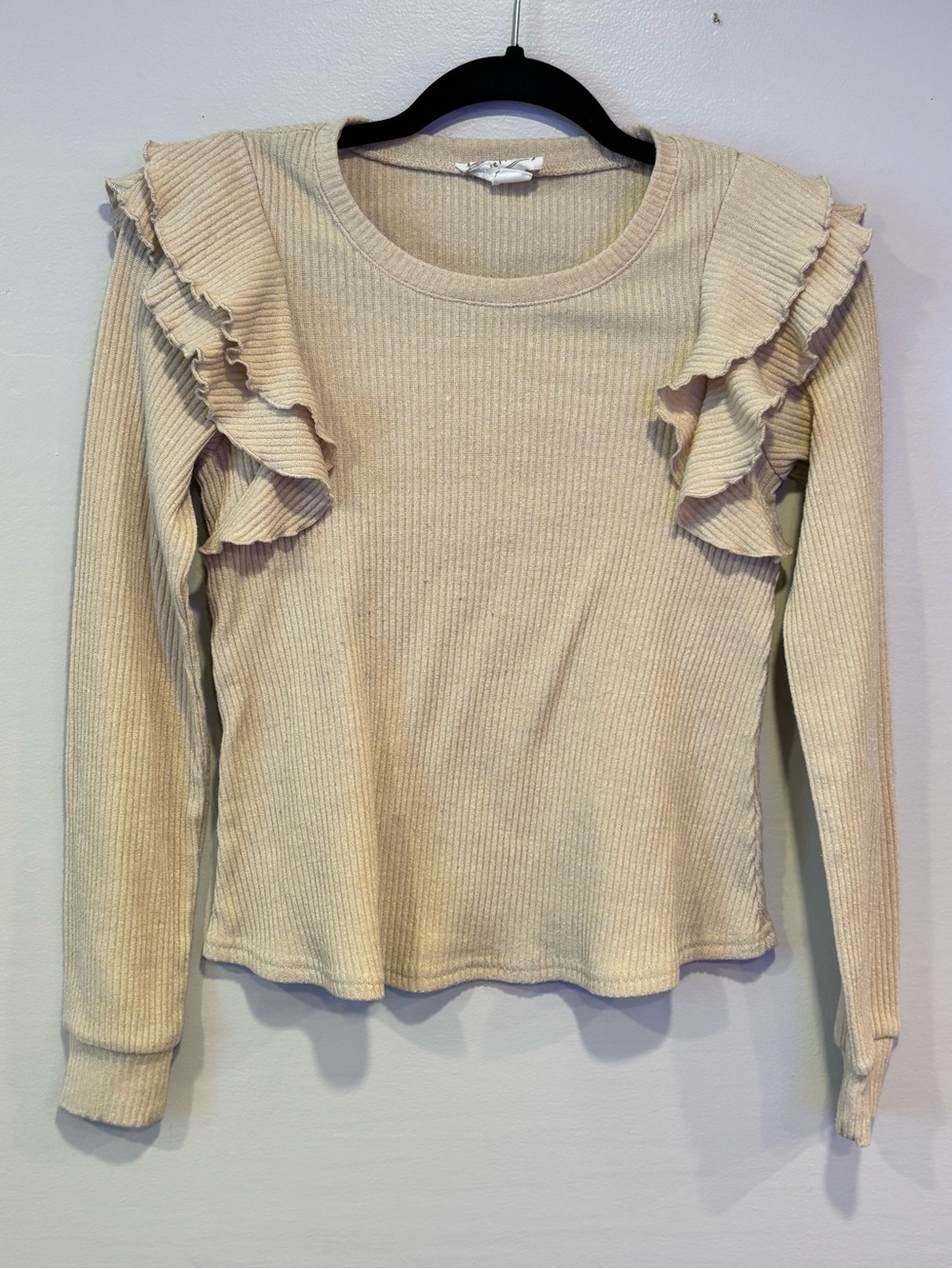 Loveriche Beige Ribbed Ruffle Sleeve Knit Sweater Women's Small